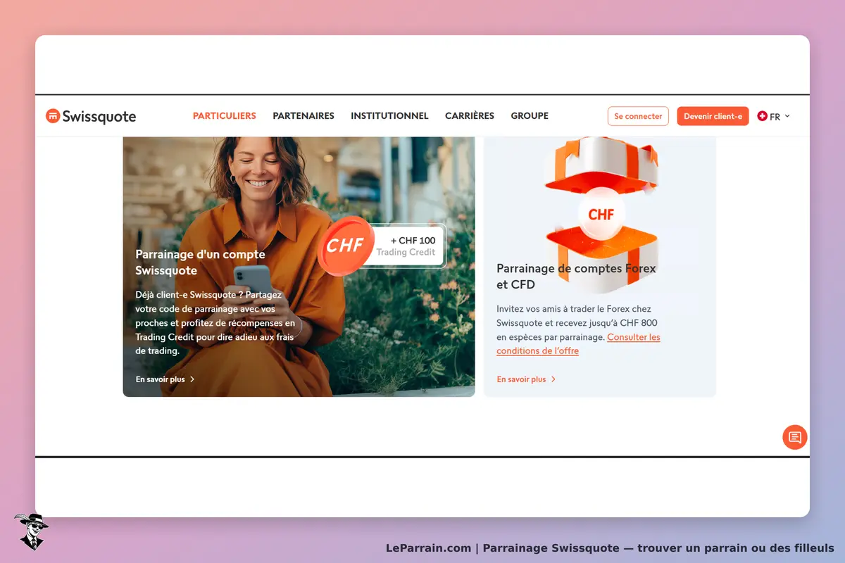 Swissquote : page d'accueil avec deux sections sur le parrainage de comptes et une femme souriante