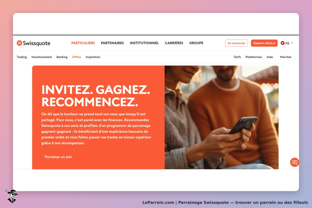 Swissquote : page d'accueil avec un message sur le parrainage et des utilisateurs avec un