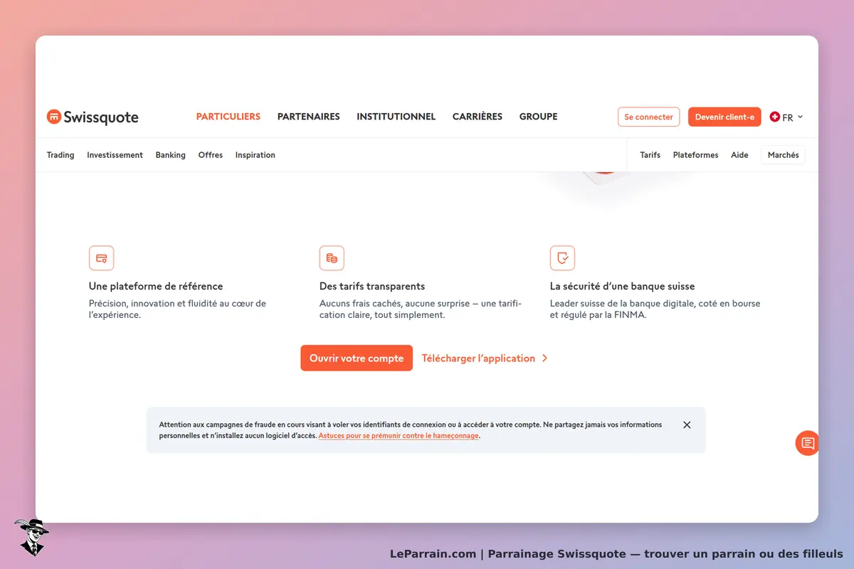 Swissquote : page d'accueil avec informations sur la plateforme et options d'inscription