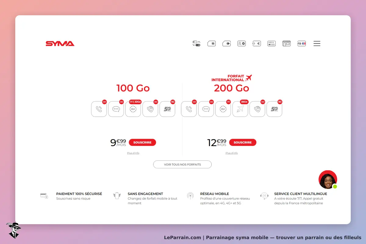 syma mobile : sYMA : page d'accueil présentant des forfaits mobiles de 100 Go et 200 Go avec