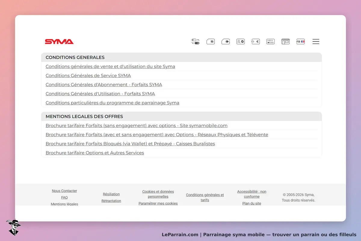 syma mobile : sYMA : menu avec conditions générales et mentions légales sur fond dégradé