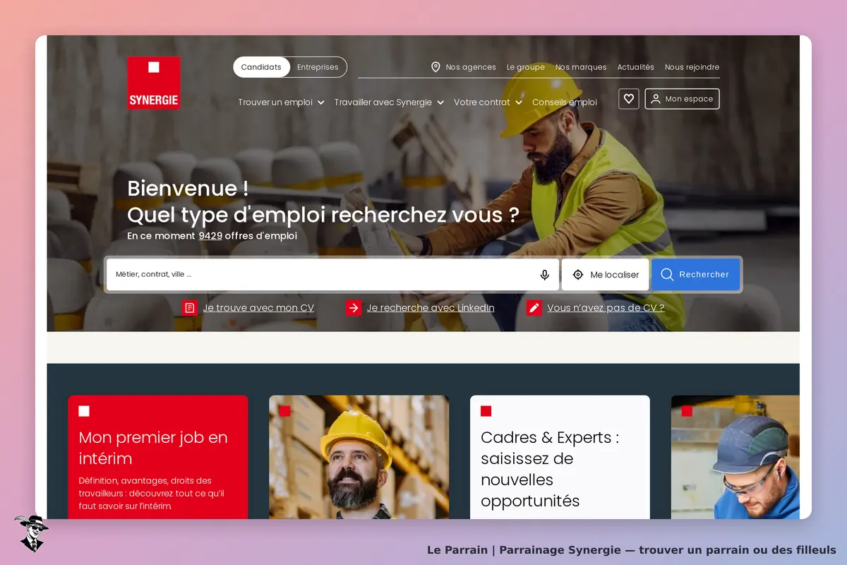 Synergie : page d'accueil avec un formulaire de recherche d'emploi et des sections d'informations