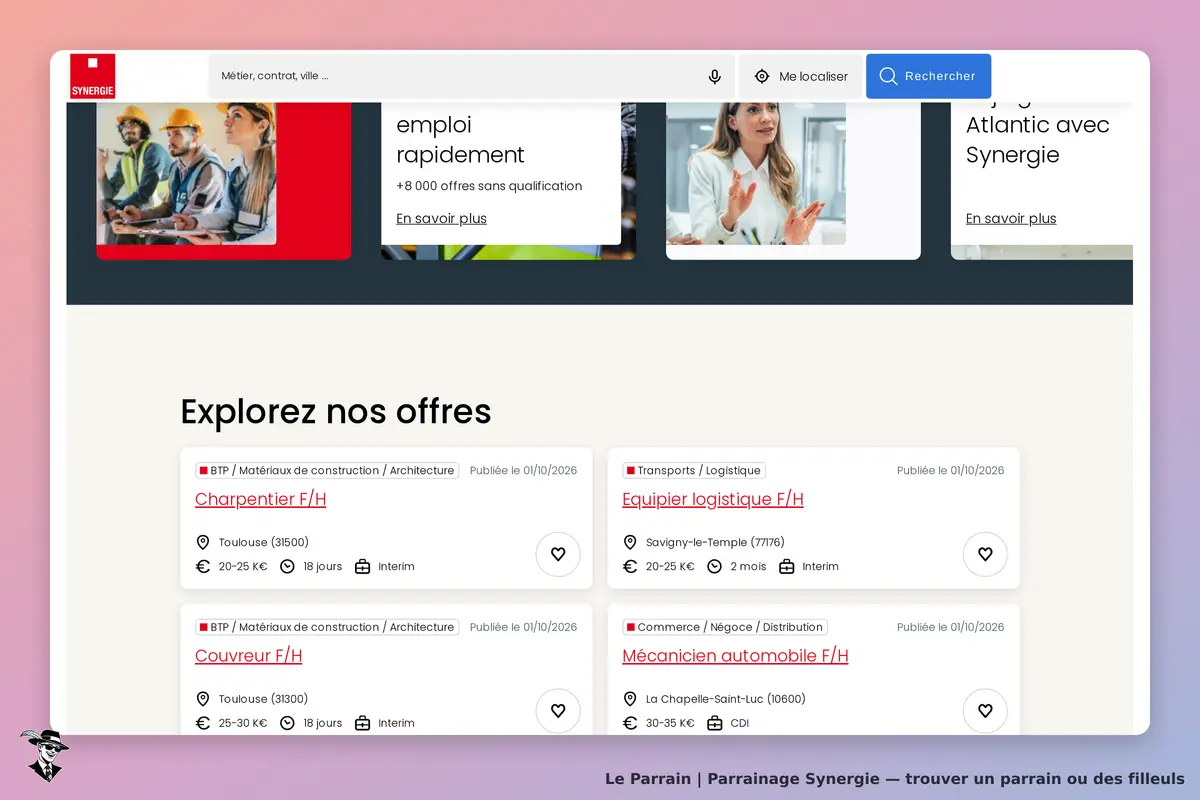 Synergie : page d'accueil avec offres d'emploi dans divers secteurs et barre de recherche