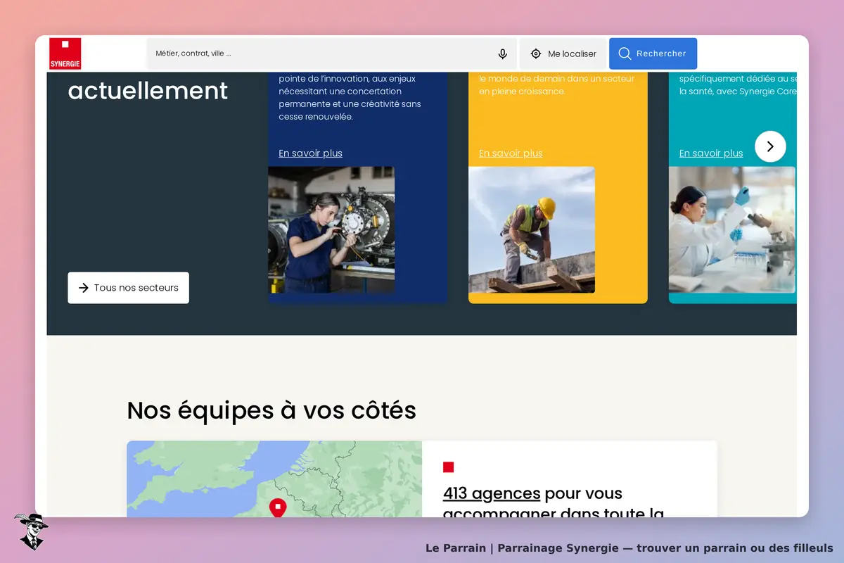 Synergie : page d'accueil avec sections sur l'innovation et les équipes, carte en bas