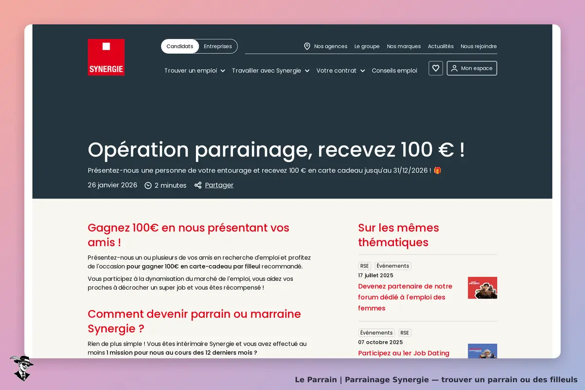 Synergie : page d'accueil présentant une opération de parrainage avec des détails et des thèmes