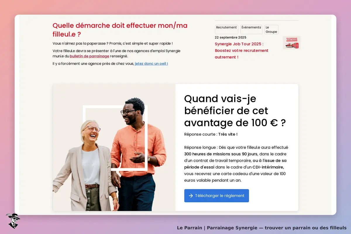 Synergie : deux personnes souriantes se tenant par la main sur un fond clair et coloré