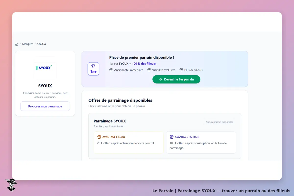 SYOUX : page d'accueil avec options de parrainage et informations sur les offres disponibles