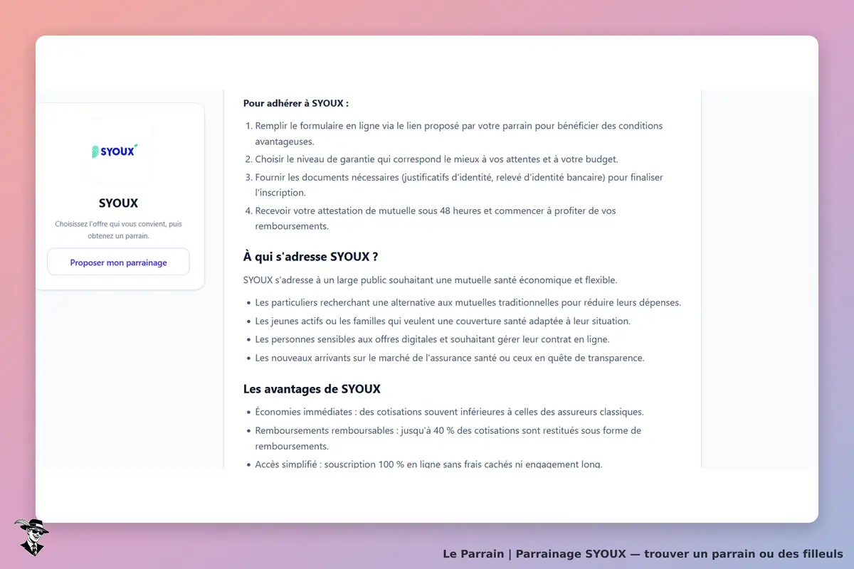 SYOUX : page d'accueil présentant les étapes pour adhérer et les avantages de la mutuelle