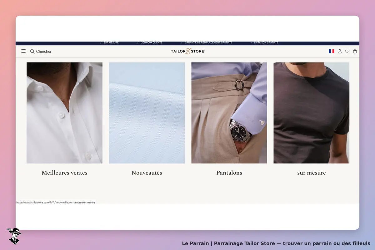 Tailor Store : page d'accueil avec sections sur les meilleures ventes et produits affichés
