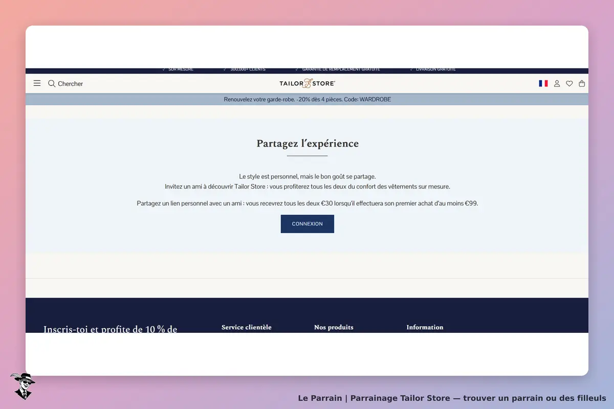 Tailor Store : page d'accueil présentant l'invitation à partager l'expérience avec un ami
