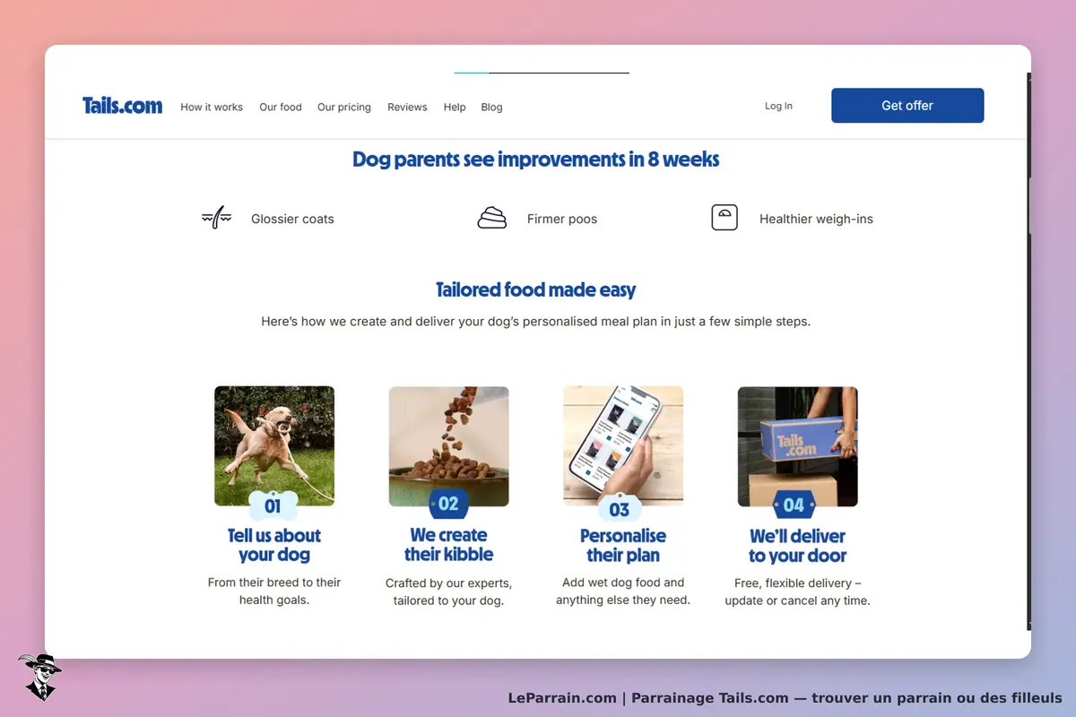Tails.com : page d'accueil avec étapes pour personnaliser l'alimentation du chien