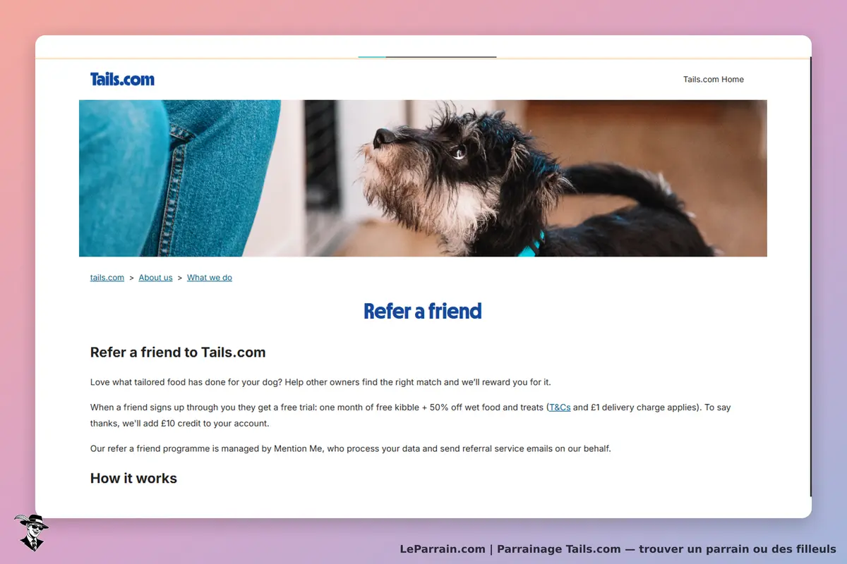 Tails.com : page d'accueil avec un chien et un texte sur le parrainage d'amis