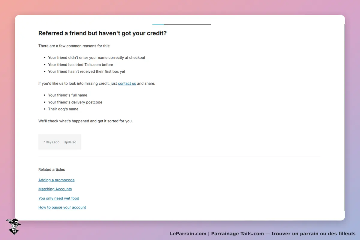 Tails.com : message sur les raisons de non-réception de crédit de parrainage