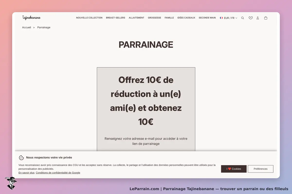 Tajinebanane : page de parrainage avec texte sur les réductions et un formulaire d'inscription