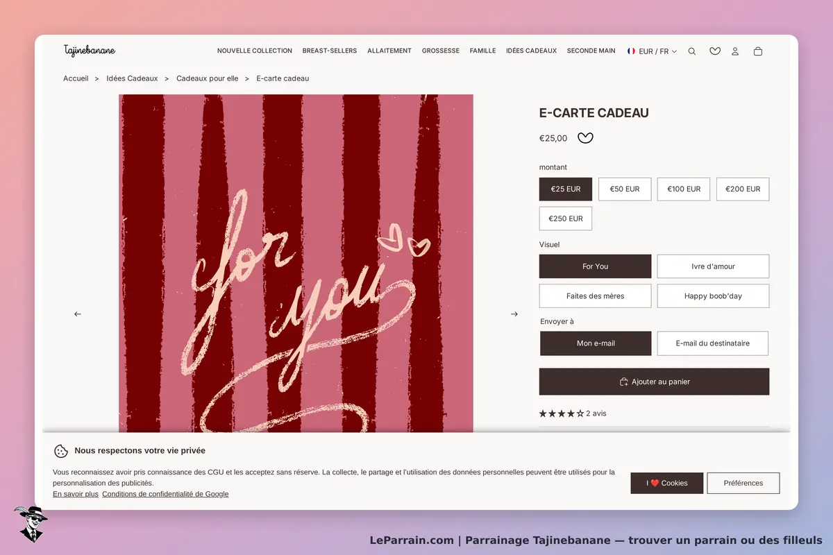 Tajinebanane : page produit pour une e-carte cadeau avec options de montant et visuel