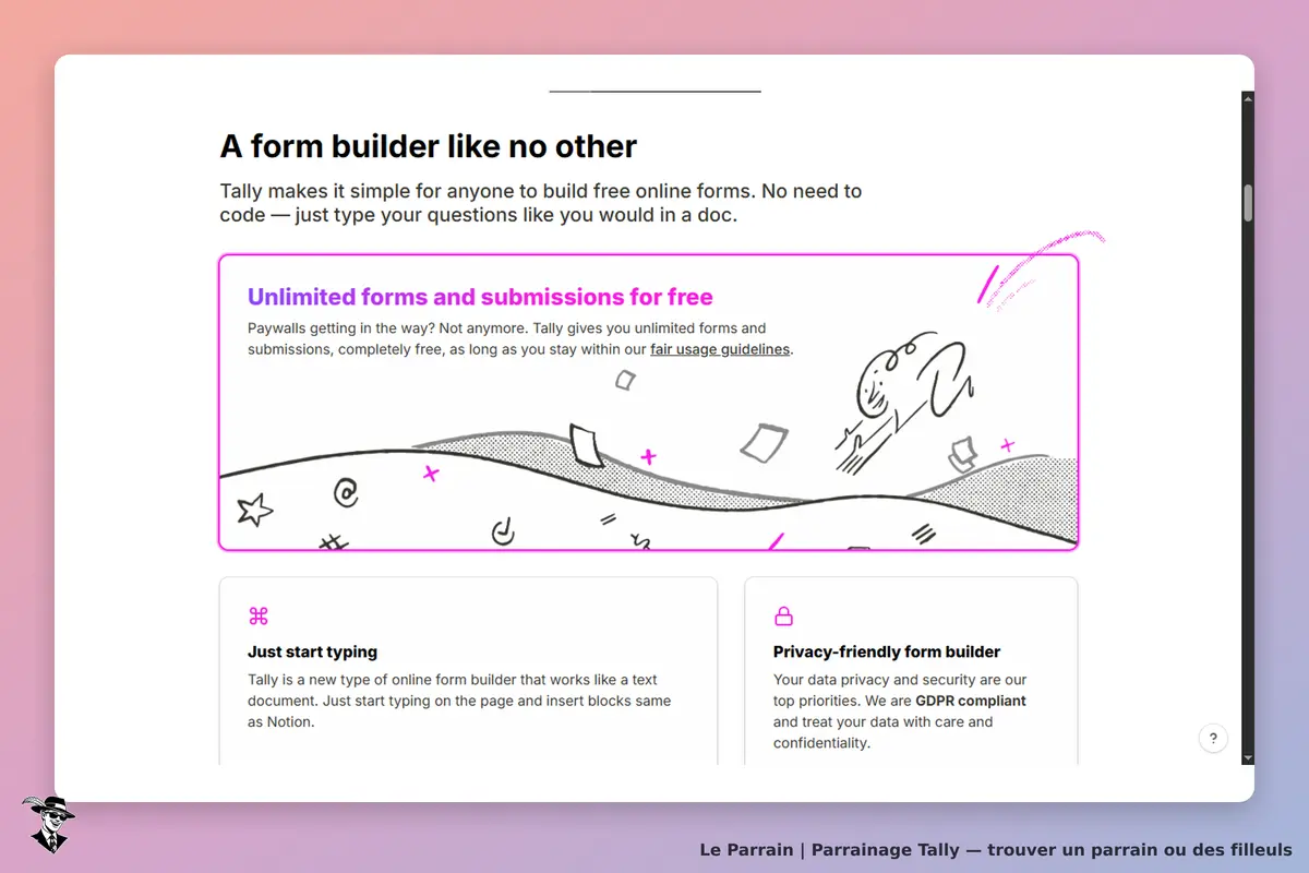 Tally : page d'accueil présentant un créateur de formulaires en ligne avec illustrations