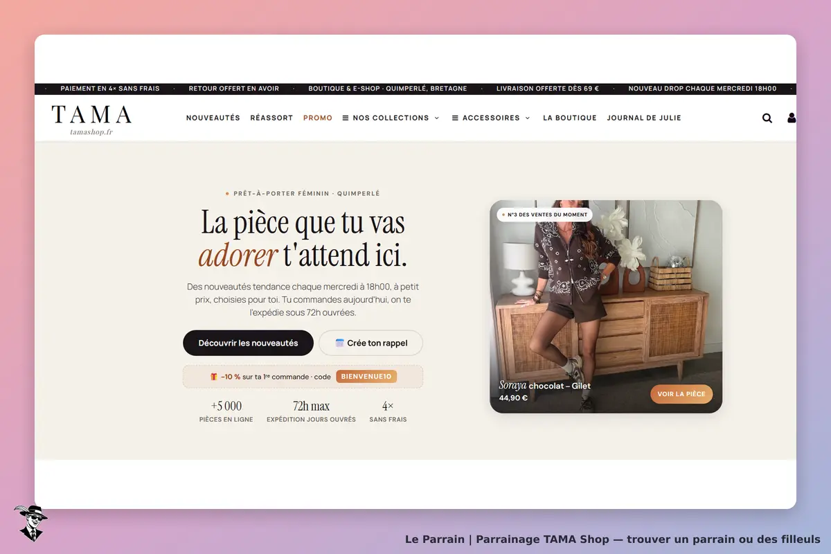 TAMA Shop : tAMA : page d'accueil avec un gilet affiché et un texte promotionnel sur les nouveautés