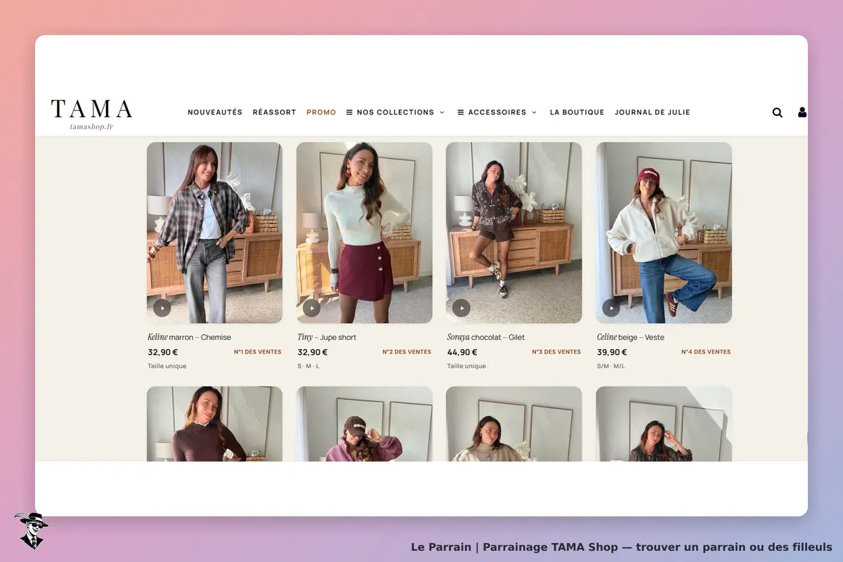 TAMA Shop : tAMA : page d'accueil avec plusieurs vêtements affichés et modèles en poses variées