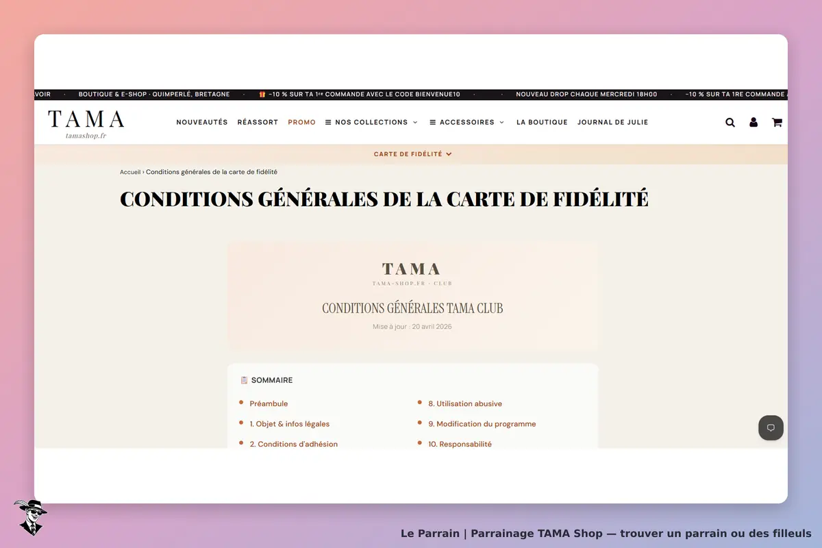 TAMA Shop : tAMA : page des conditions générales de la carte de fidélité avec sommaire