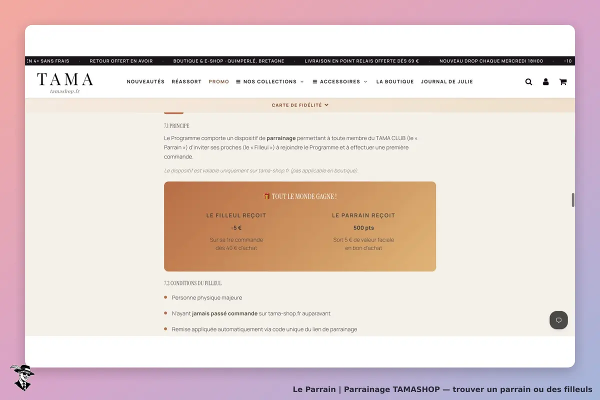 Règlement officiel Tama Club : 5 € de réduction dès 40 € pour le nouveau client et 500 points pour le parrain ; programme en ligne et conditions de participation.
