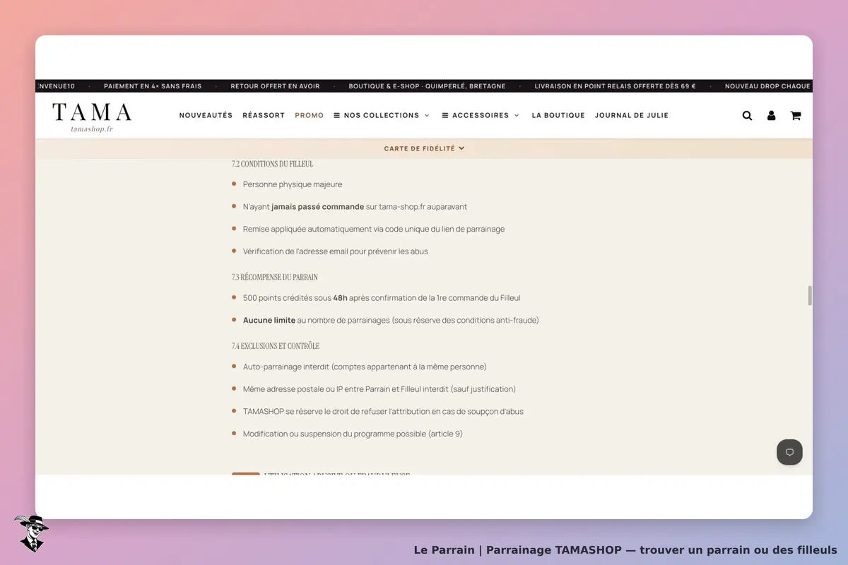 Règlement officiel Tama Club : crédit de 500 points sous 48 heures après confirmation de la première commande ; exclusions de l’auto-parrainage et des adresses postales ou IP communes sans justification.