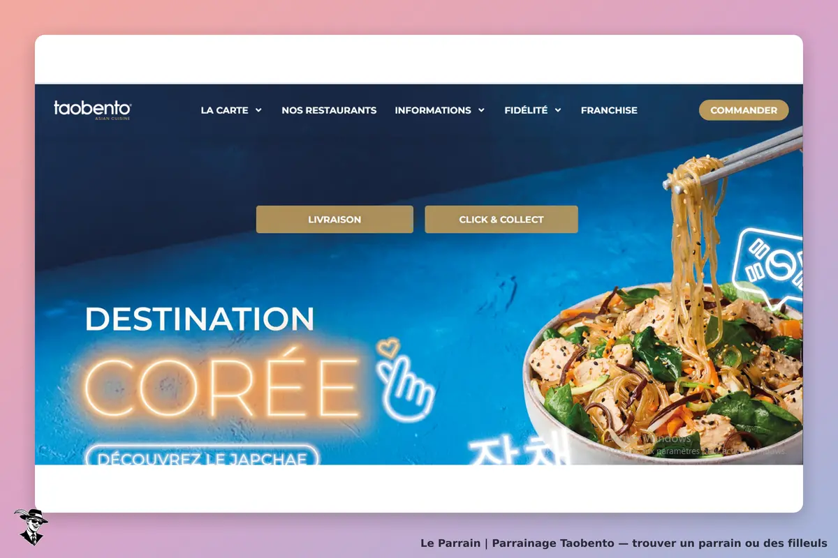 Taobento : page d'accueil avec des nouilles japchae et le texte "Destination Corée"