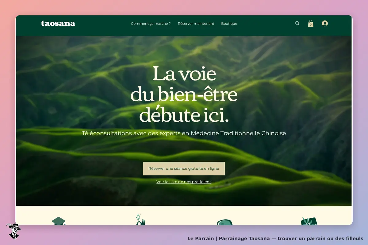 Taosana : page d'accueil avec un paysage verdoyant et un message sur le bien-être