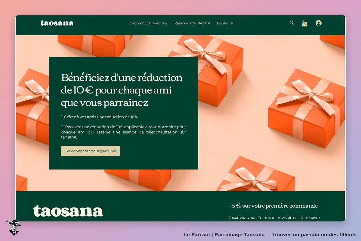 taosana : page d'accueil avec des cadeaux orange et un texte sur le parrainage