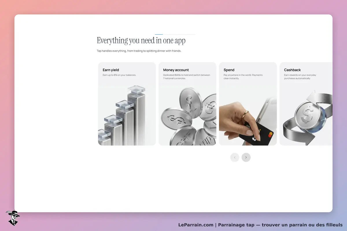tap : page d'accueil présentant quatre services avec des illustrations et des descriptions