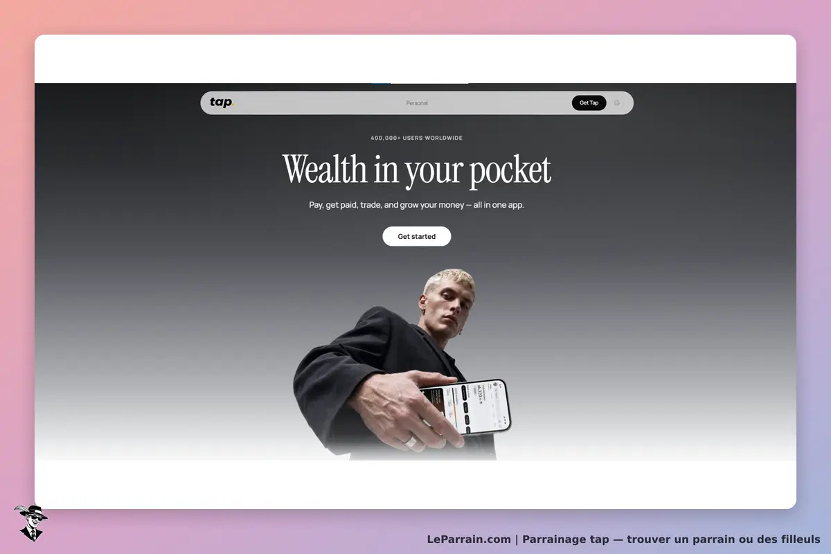 tap : page d'accueil avec un homme tenant un smartphone et un slogan sur la richesse