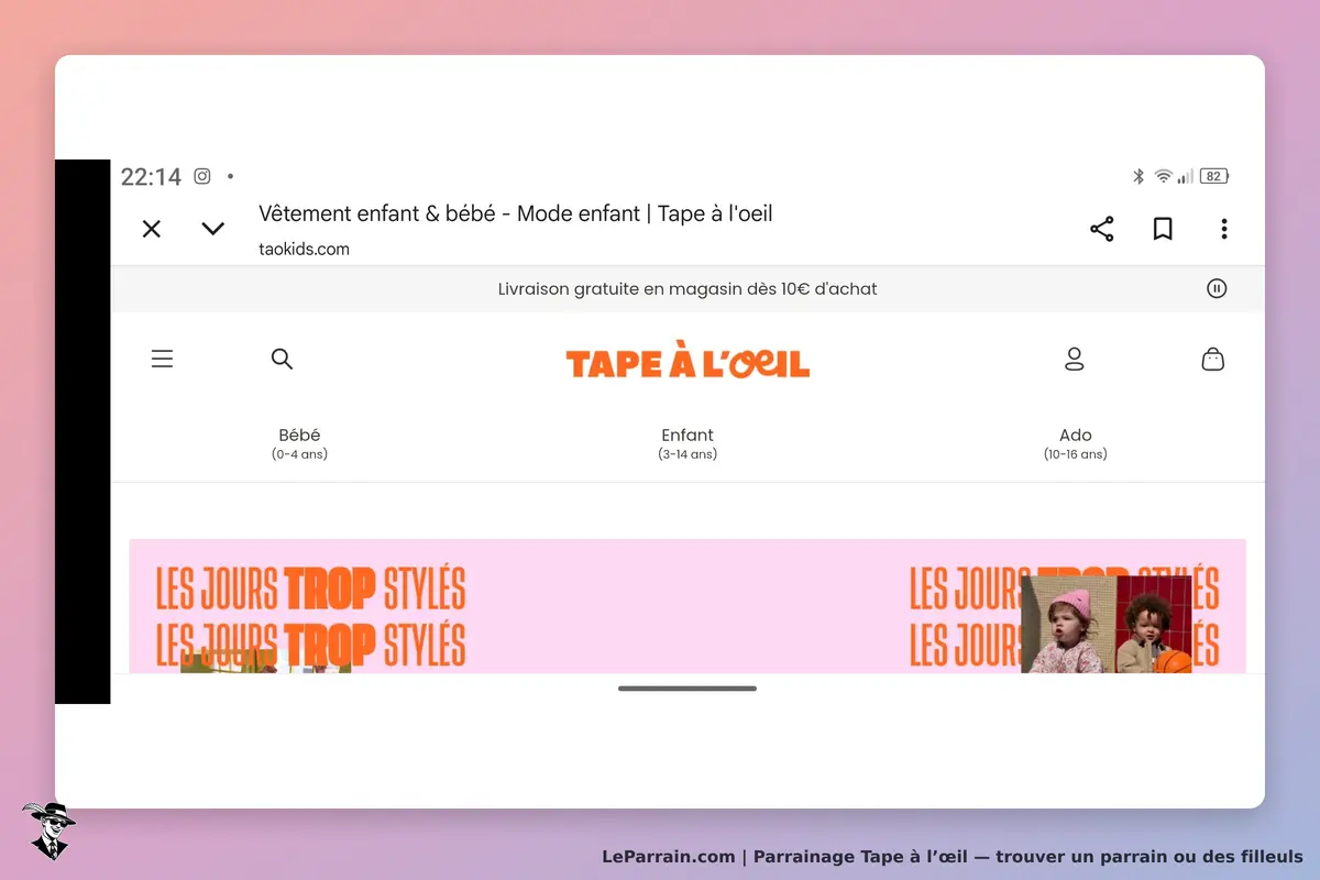 Tape à l’œil : tape à l'œil : page d'accueil avec catégories pour bébés, enfants et ados, et un