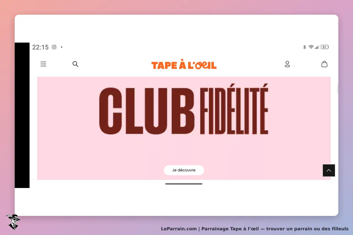 Tape à l’œil : page d'accueil avec le texte "CLUB FIDÉLITÉ" sur fond rose et un bouton "Je