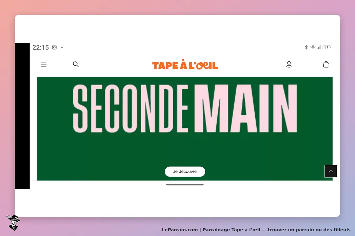 Tape à l’œil : tape à l'œil : page d'accueil avec le titre "SECONDE MAIN" sur fond vert et bouton
