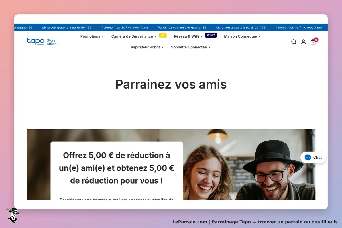 Tapo : page d'accueil avec le titre "Parrainez vos amis" et une image de deux personnes souriantes