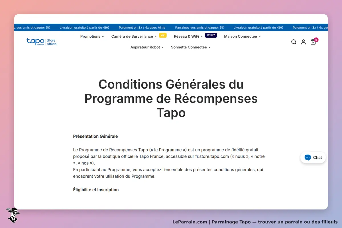 Tapo : conditions générales du programme de récompenses affichées sur une page blanche