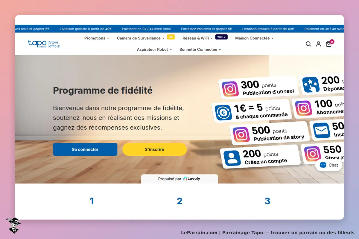 Tapo : page d'accueil présentant le programme de fidélité avec boutons de connexion et