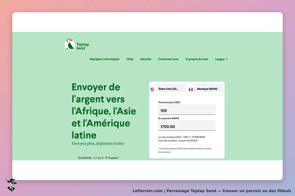 Taptap Send : page d'accueil avec formulaire d'envoi d'argent vers l'Afrique et l'Asie