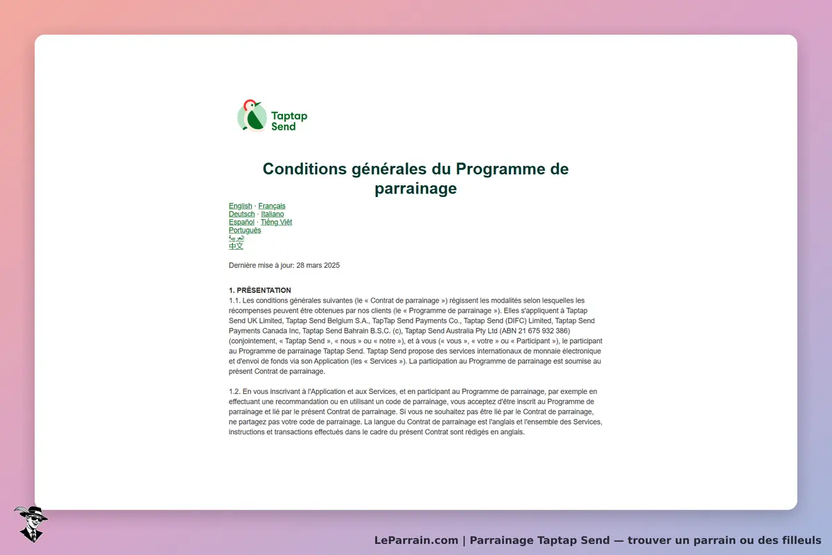 Taptap Send : conditions générales du programme de parrainage affichées sur la page