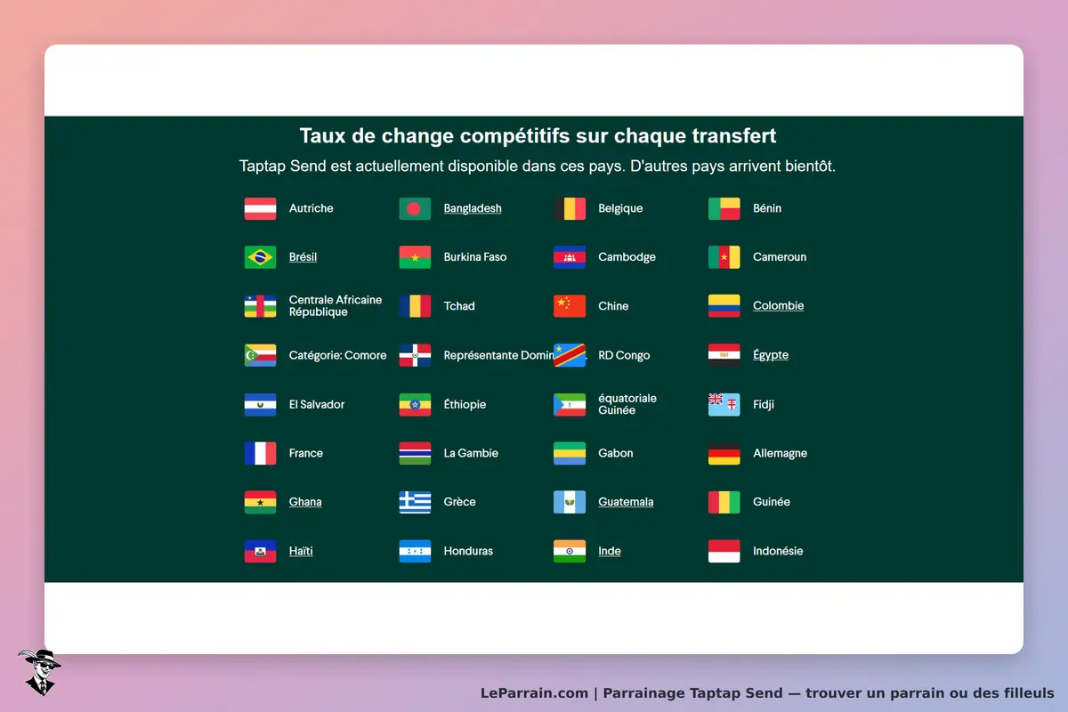 Taptap Send : liste de pays avec leurs drapeaux pour les transferts d'argent