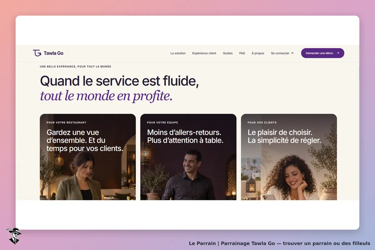 Tawla Go : page d'accueil avec des messages sur le service et des images de clients et d'équipes