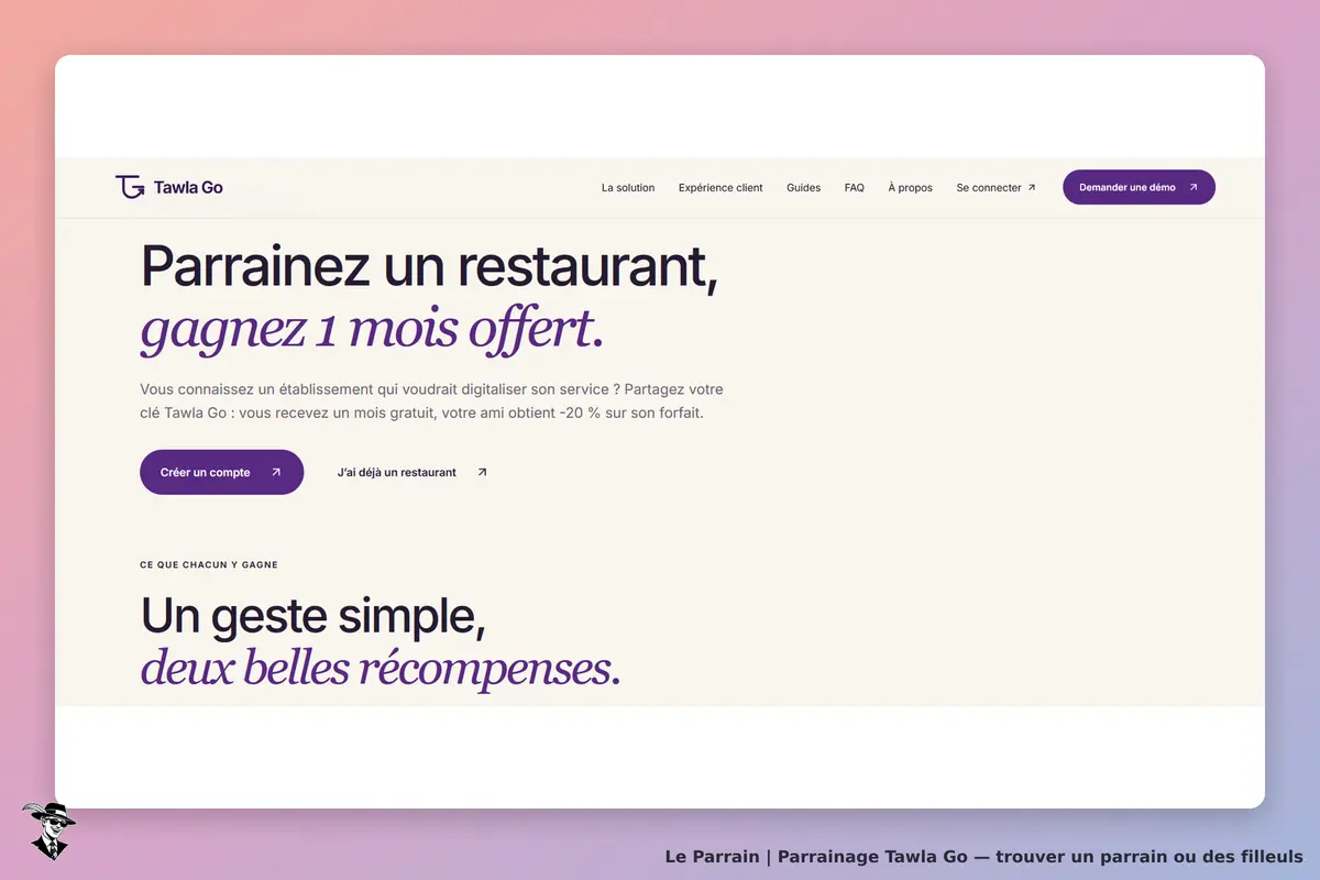 Tawla Go : page d'accueil avec incitation à parrainer un restaurant et créer un compte