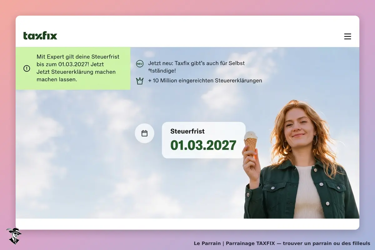 taxfix : page d'accueil avec une femme souriante tenant une glace et une date de deadline fiscale