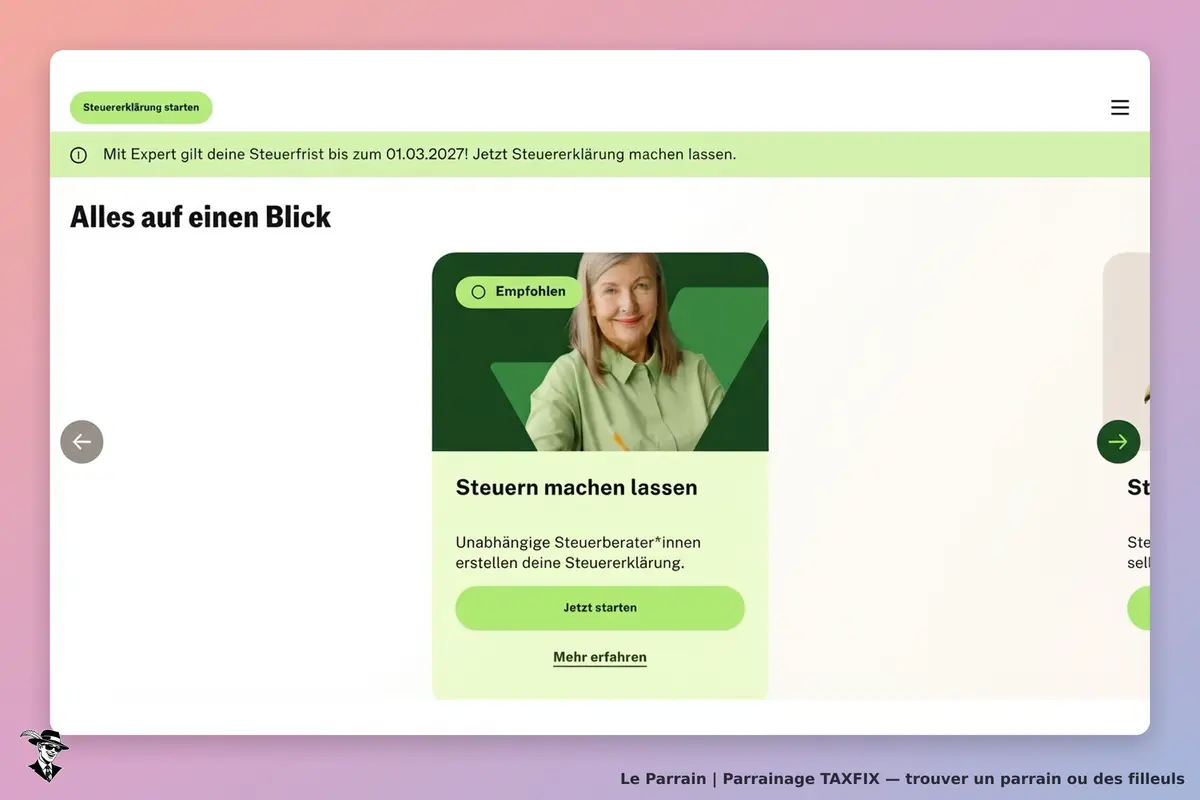 TAXFIX : page d'accueil avec une femme souriante et un bouton pour commencer une déclaration