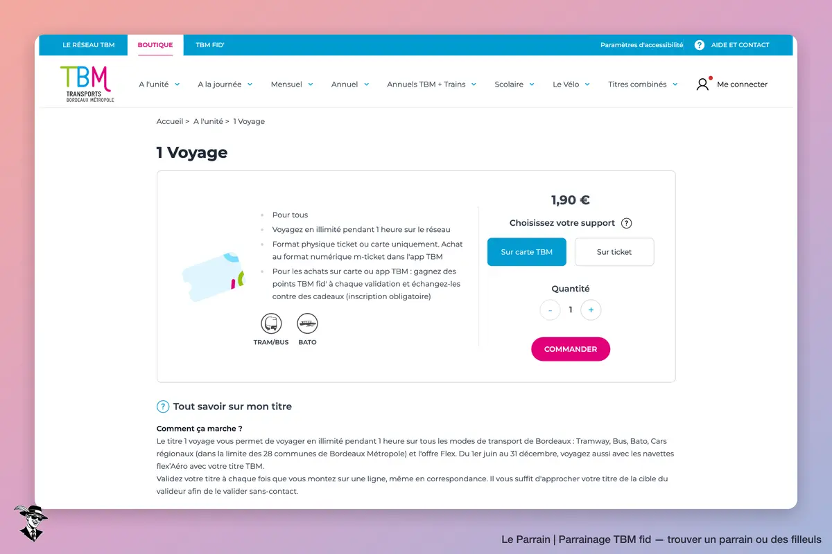 Page produit de TBM fid