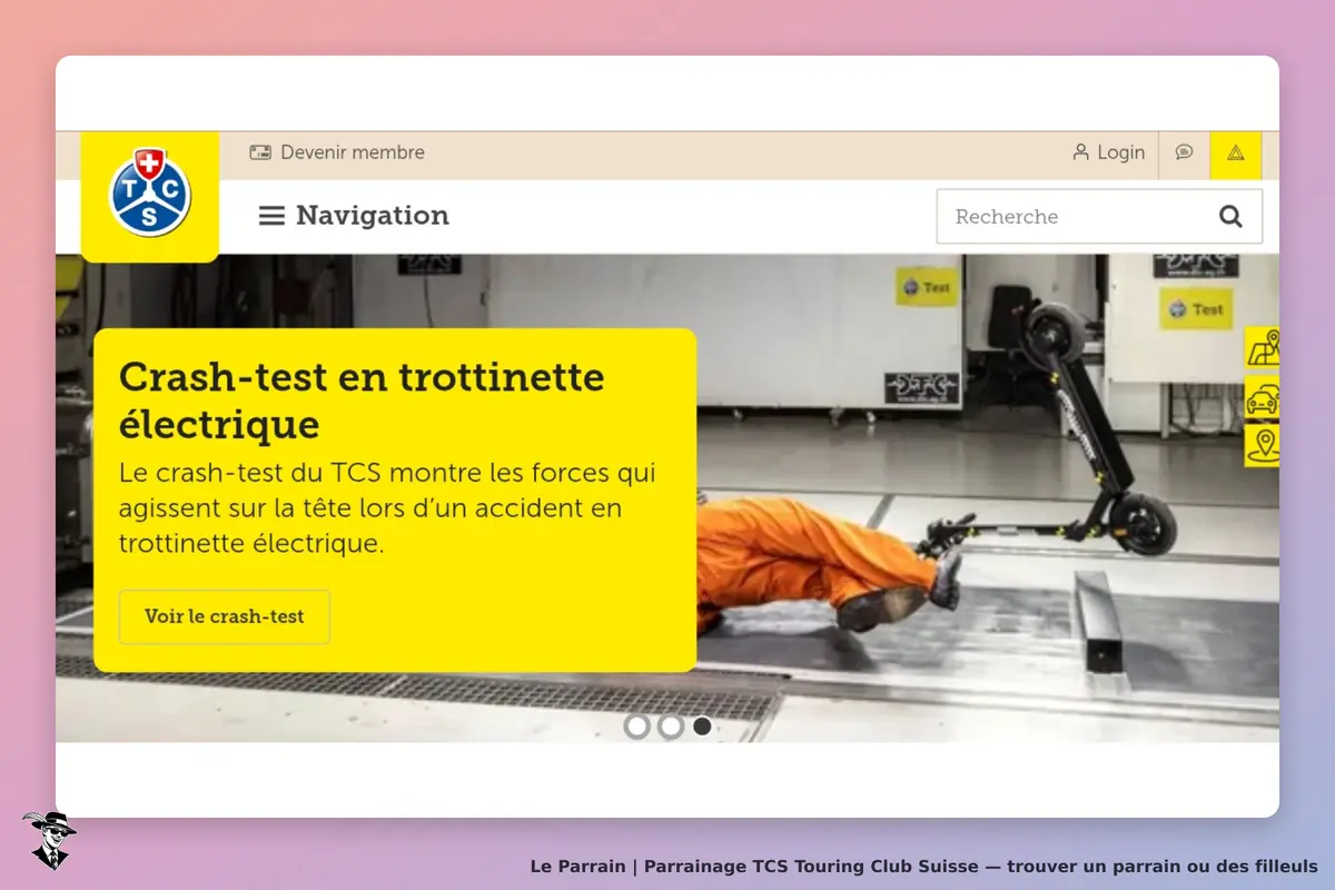 TCS Touring Club Suisse : tCS : page d'accueil présentant un crash-test de trottinette électrique