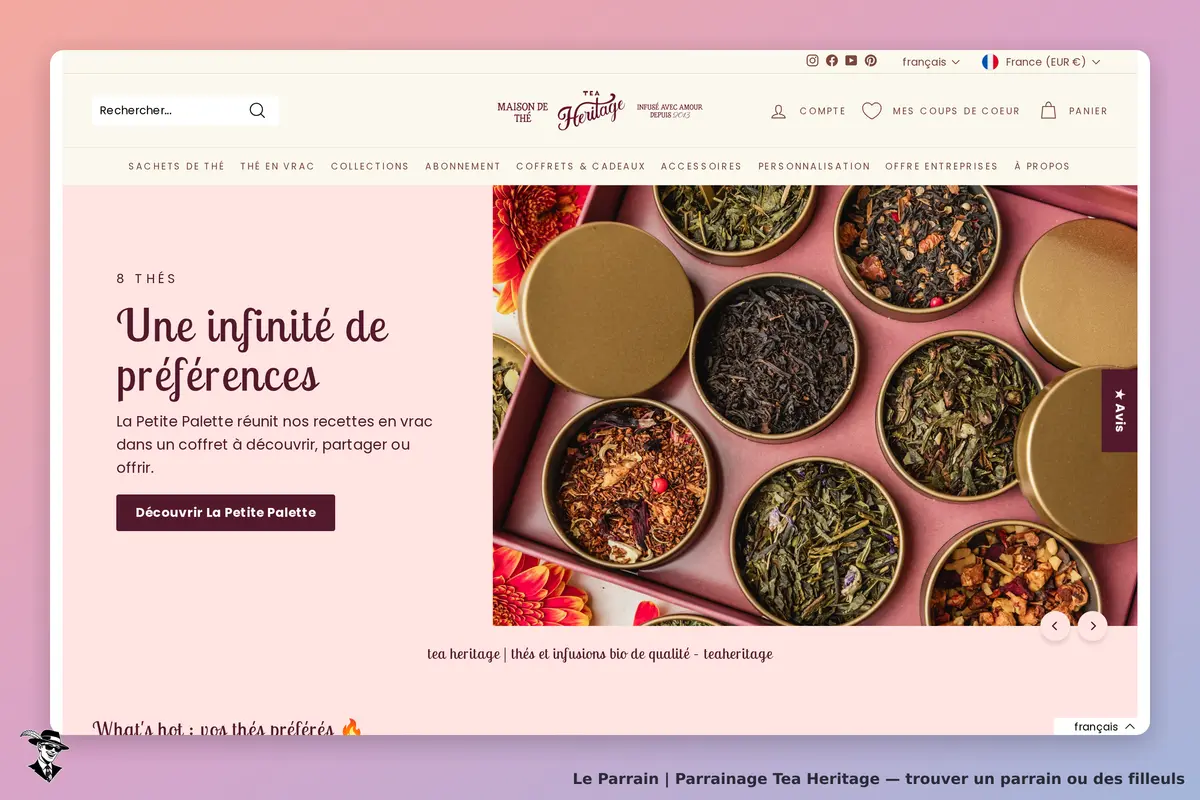 Tea Heritage : page d'accueil avec des boîtes de thé en vrac et un message sur les préférences