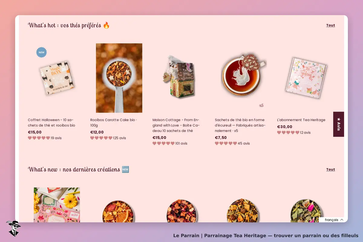 Tea Heritage : produits de thé présentés sur la page d'accueil avec images et descriptions