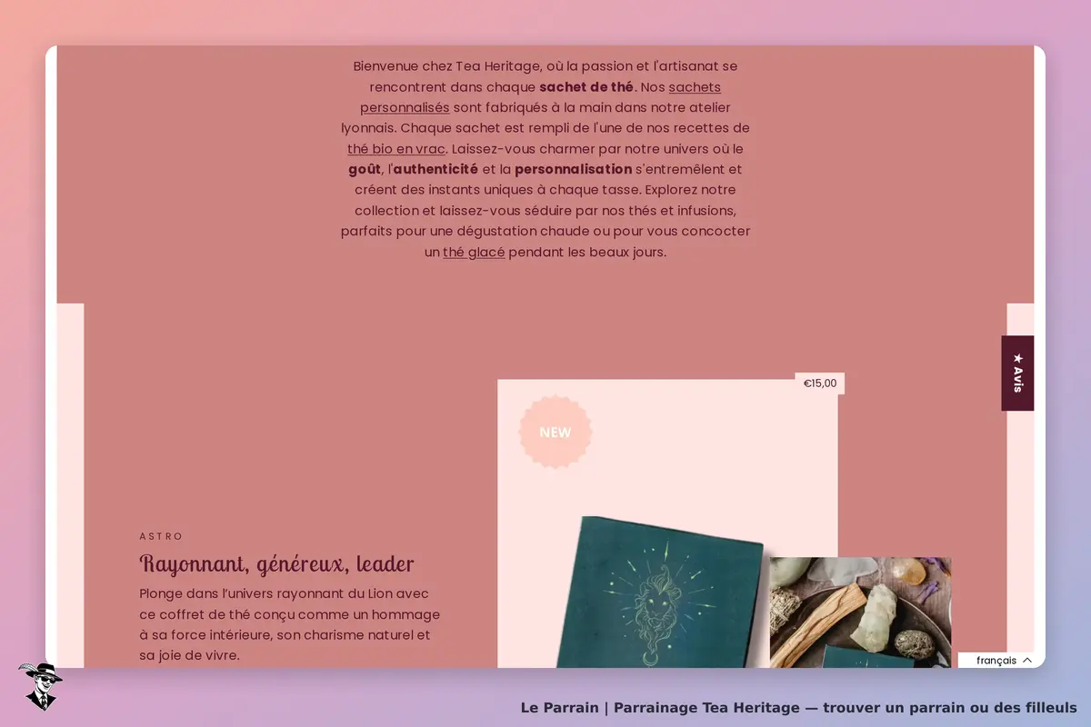 Tea Heritage : page d'accueil présentant des sachets de thé et un coffret au design élégant