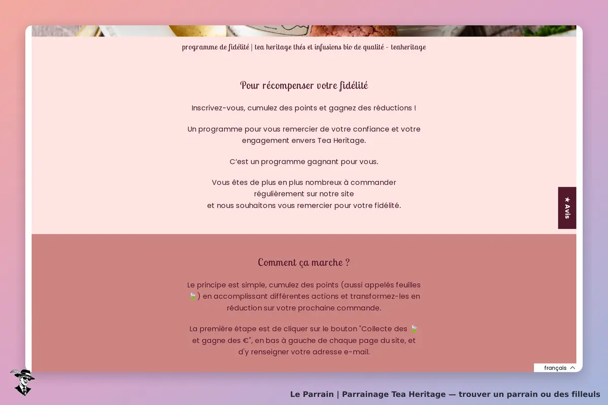 Tea Heritage : section sur le programme de fidélité avec explications et étapes à suivre