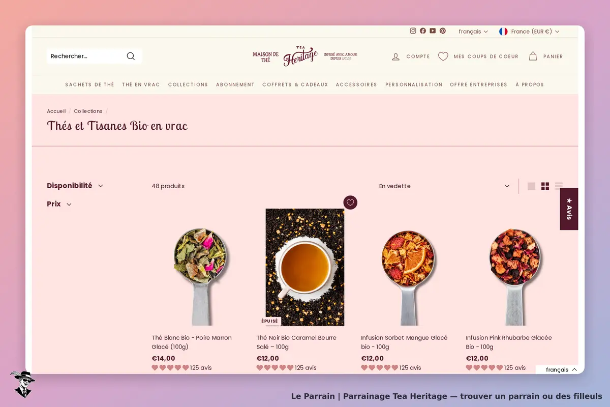 Tea Heritage : page de catégorie avec thés et tisanes bio en vrac, produits en vedette affichés